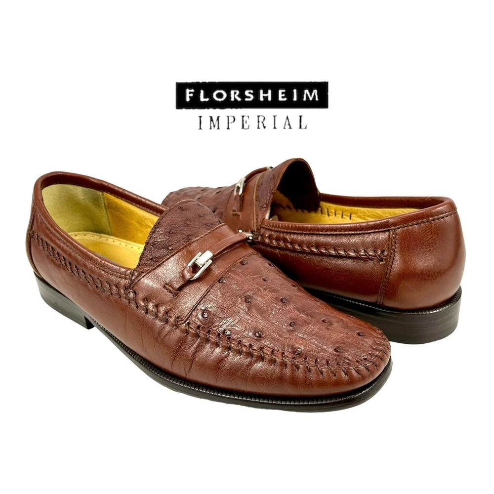 Florsheim Imperial Mens 8D Cognac Full Quill Ostrich Leather Horse Bit Loafer